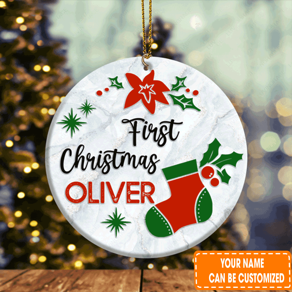Personalized First Christmas Sock Poinsettia Floral Circle Ceramic Ornament For 1st Christmas Daughter, Son