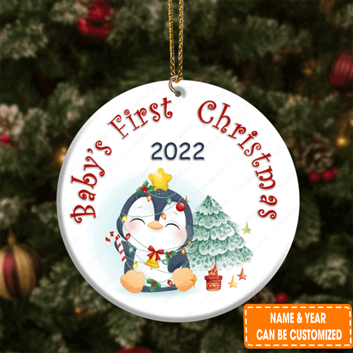 Personalized Baby Penguin First Christmas Circle Ceramic Ornament For 1st Christmas Daughter And Son