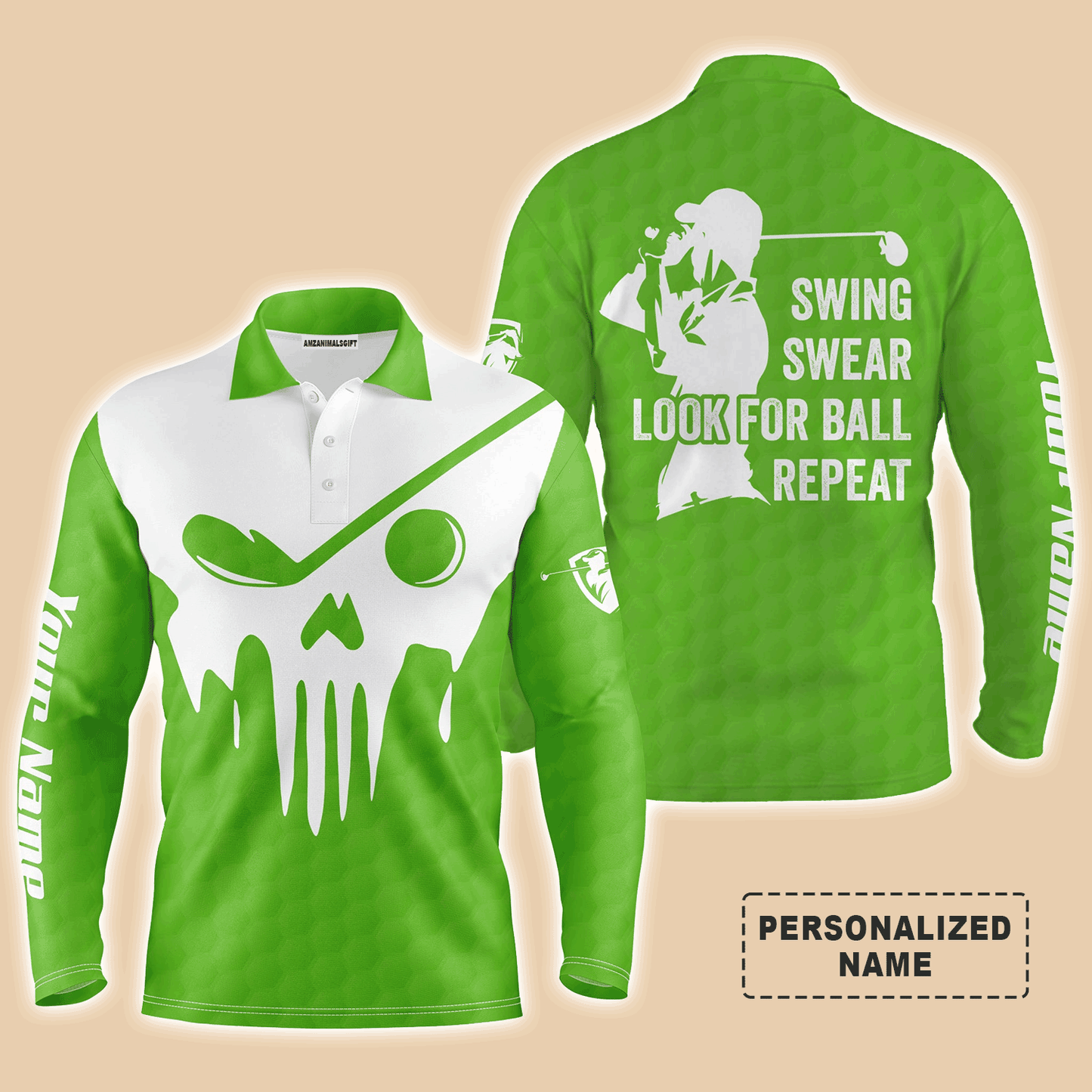 Golf Men Polo Shirt - Custom Name Multicolor Golf Skull - Swing Swear Look For Ball Repeat Men Polo Shirt - Perfect Polo Shirt For Men, Golfers