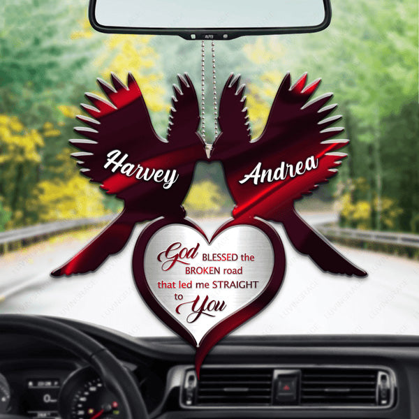 Custom Name Cardinal Couple With Heart God Blessed Acrylic Car Ornament, Perfect Christmas Gift For Couple Family