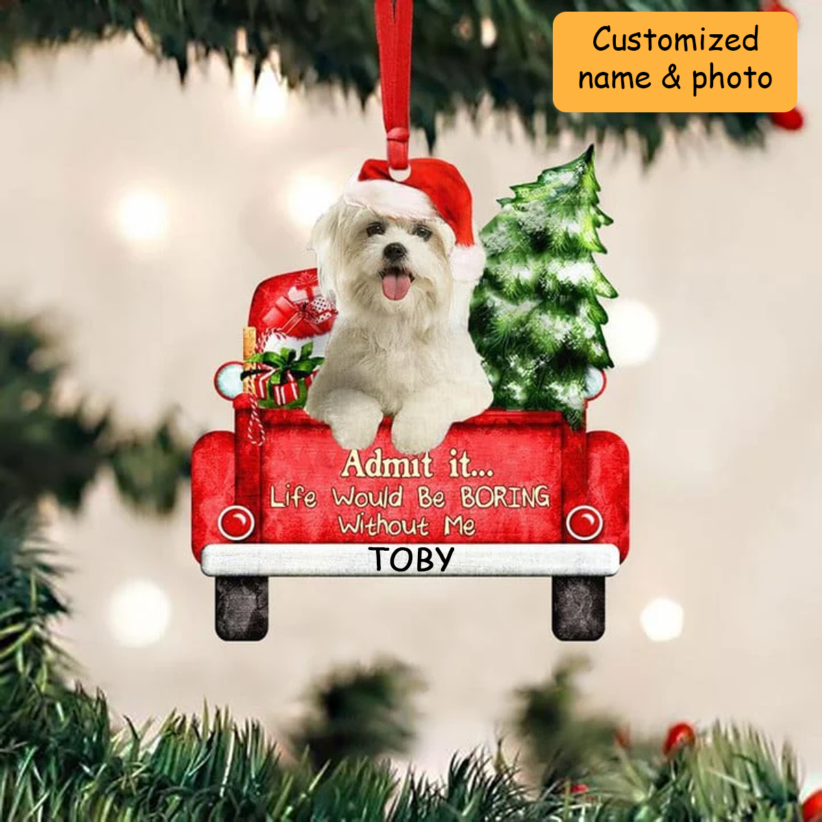 Customized Name & Photo Maltese On The Red Truck Acrylic Christmas Ornament, Christmas Gift For Dog Lovers, Dog Owners