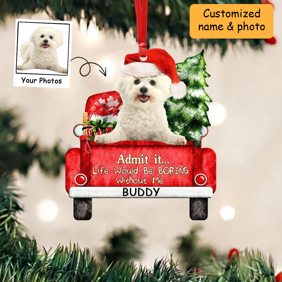 Customized Bichon Frise Dog On The Red Truck Acrylic Christmas Ornament, Christmas Gift For Dog Lovers, Dog Owners