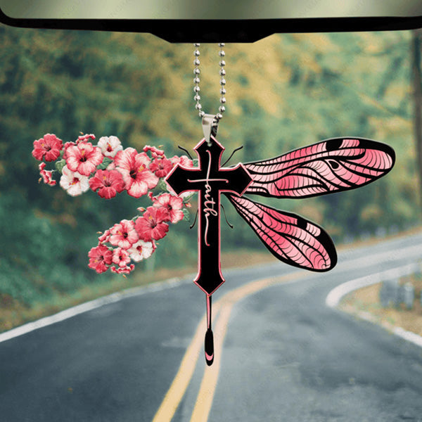 Hibicus Dragonfly Cross Faith Acrylic Car Ornament, Perfect Christmas Gift For Family, Friends