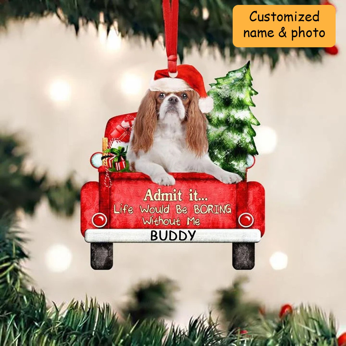 Customized Cavalier King Charles Spaniel Dog On The Red Truck Acrylic Ornament, Christmas Gift For Dog Lovers, Dog Owners