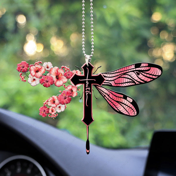 Hibicus Dragonfly Cross Faith Acrylic Car Ornament, Perfect Christmas Gift For Family, Friends