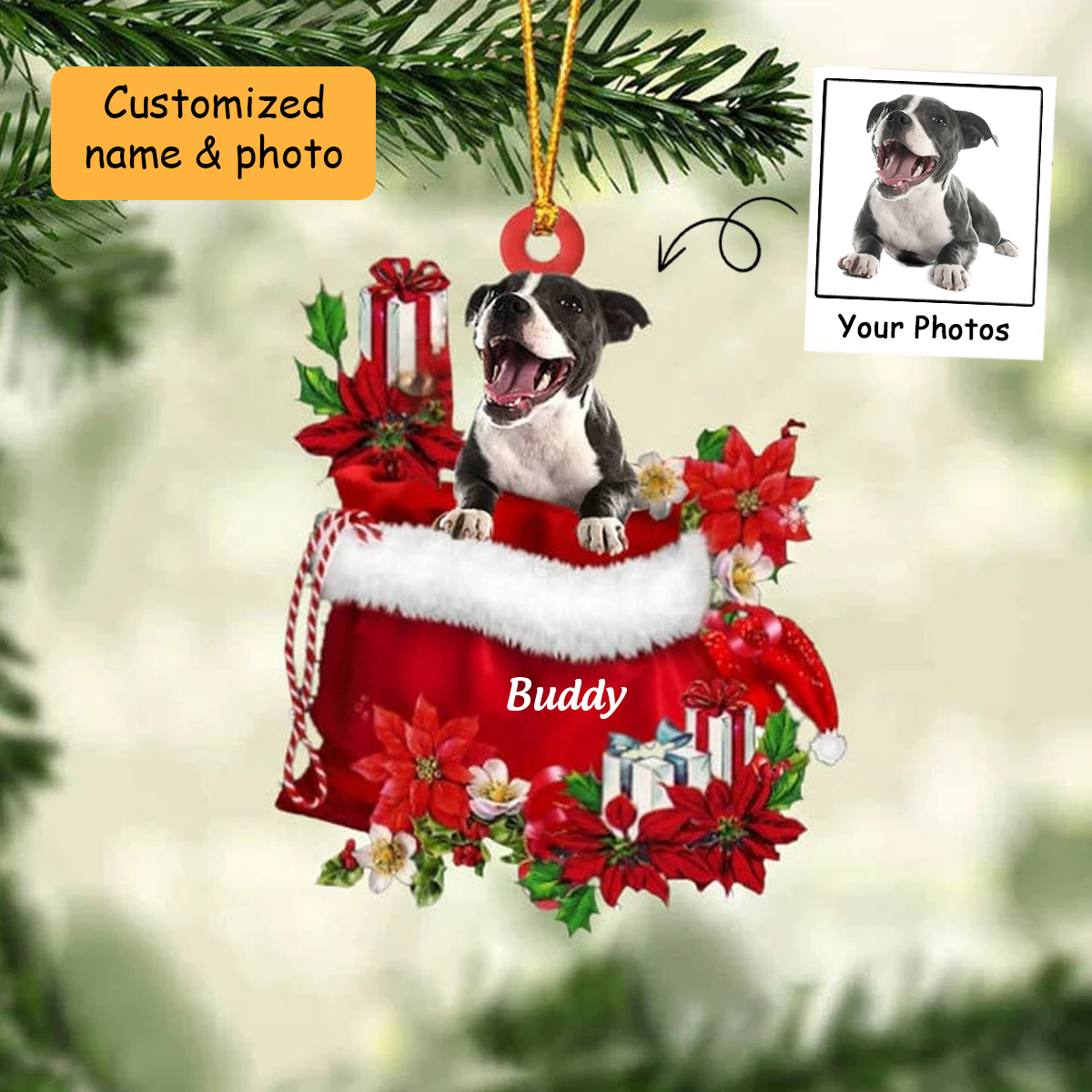 Customized Staffordshire Bull Terrier In Red Gift Bag Acrylic Ornament, Christmas Gift For Dog Lovers, Dog Mom