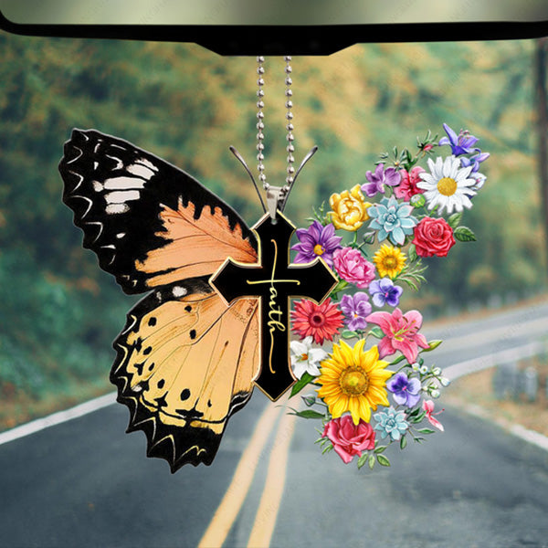 Christian Flowers Butterfly Cross Faith Acrylic Car Ornament, Perfect Christmas Gift For Family, Friends