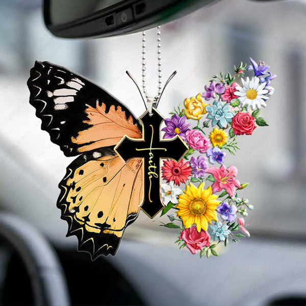 Christian Flowers Butterfly Cross Faith Acrylic Car Ornament, Perfect Christmas Gift For Family, Friends