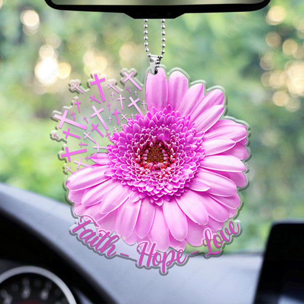 Pink Daisy Cross Faith Hope Love Acrylic Car Ornament, Perfect Christmas Gift For Family, Friends