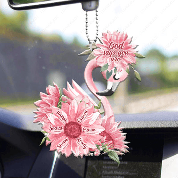 Pink Sunflower Flamigo God Says You Are Acrylic Car Ornament, Perfect Christmas Gift For Family, Friends