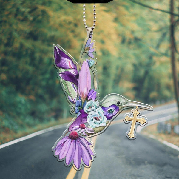 Floral Hummingbird Cross Acrylic Car Ornament, Perfect Christmas Gift For Family, Friends