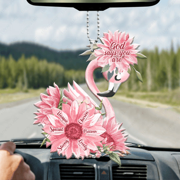 Pink Sunflower Flamigo God Says You Are Acrylic Car Ornament, Perfect Christmas Gift For Family, Friends