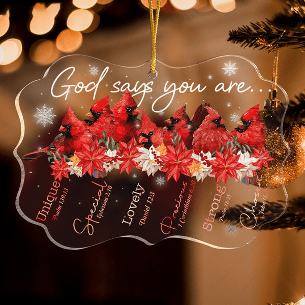 Cardinal And Poinsettia Flowers God Says You Are Acrylic Ornament, Christmas Gift For Family, Friends
