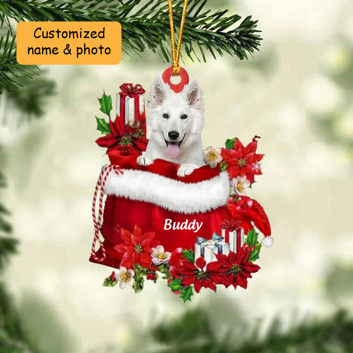 Customized White German Shepherd Dog In Red Gift Bag Acrylic Ornament, Christmas Gift For Dog Lovers, Dog Mom