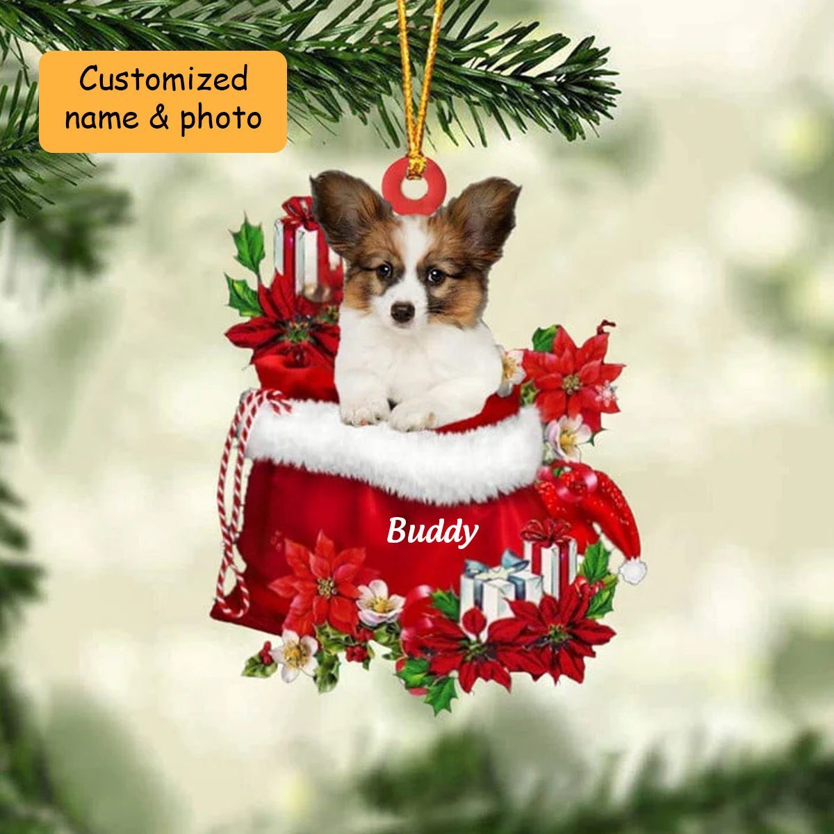 Customized Papillon Dog In Red Gift Bag Acrylic Christmas Ornament, Christmas Gift For Dog Lovers, Dog Mom