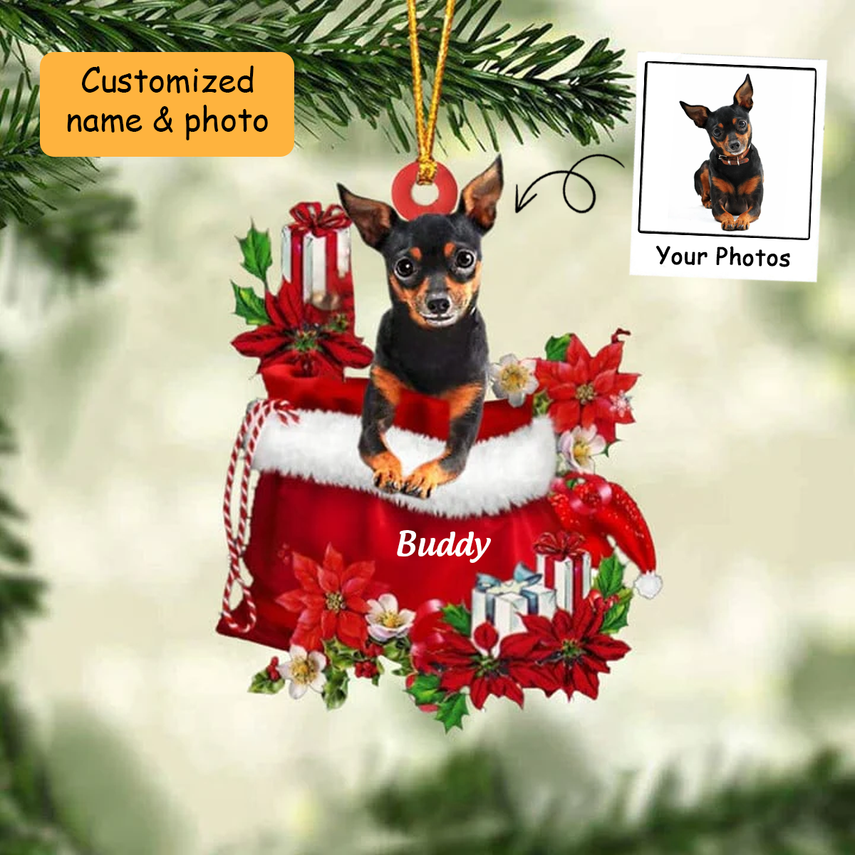 Customized Miniature Pincher In Red Gift Bag Acrylic Christmas Ornament, Christmas Gift For Dog Lovers, Dog Mom