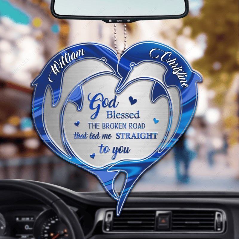 Custom Couple Name Hologram Lovely Dolphins God Blessed Acrylic Car Ornament, Perfect Christmas Gift For Couple