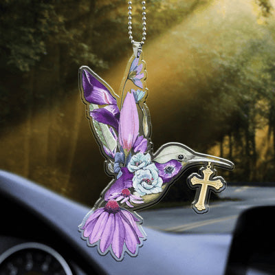 Floral Hummingbird Cross Acrylic Car Ornament, Perfect Christmas Gift For Family, Friends