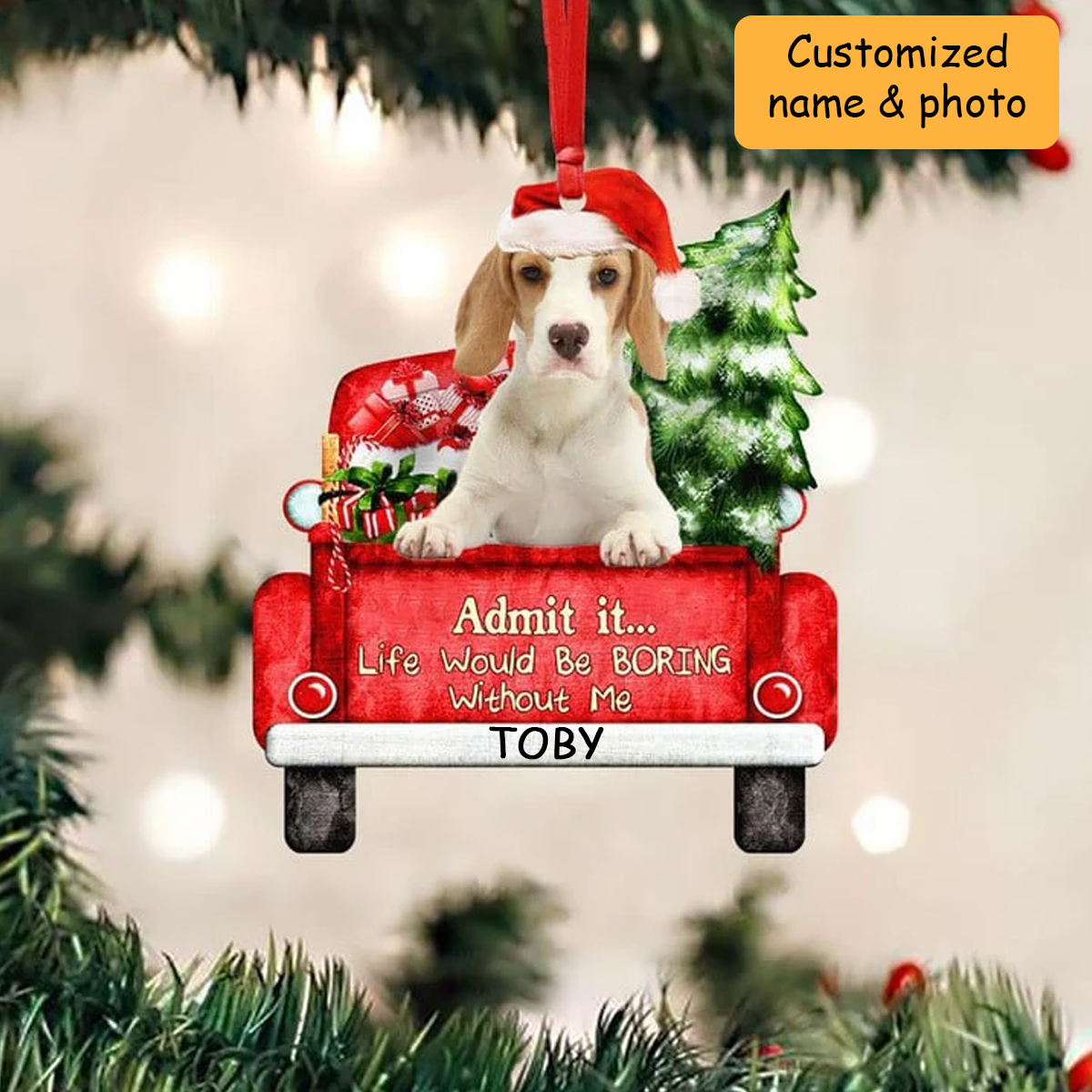 Customized Beagle On The Red Truck Acrylic Christmas Ornament, Christmas Gift For Dog Lovers, Dog Owners
