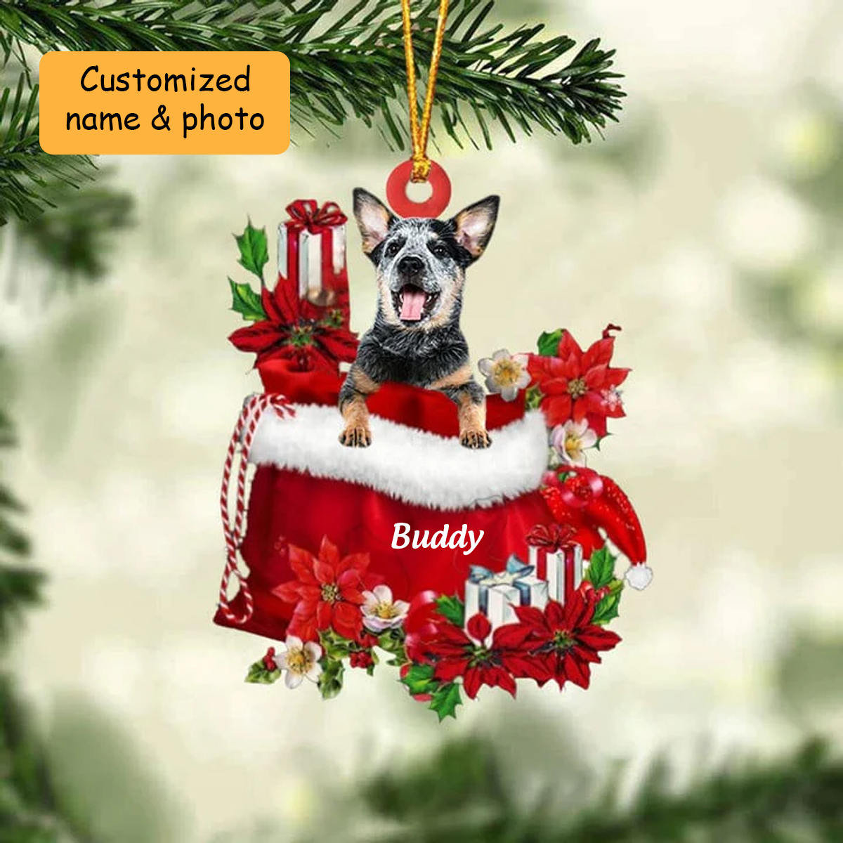 Customized Australian Cattle In Red Gift Bag Acrylic Christmas Ornament, Christmas Gift For Dog Lovers, Dog Mom