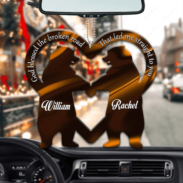 Personalized Bear Couple Heart God Blessed Acrylic Car Ornament, Perfect Christmas Gift For Couple Family