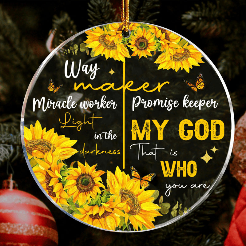 Sunflower Butterfly Way Maker My God Circle Acrylic Ornament, Christmas Gift For Family, Friends, Holiday Decor