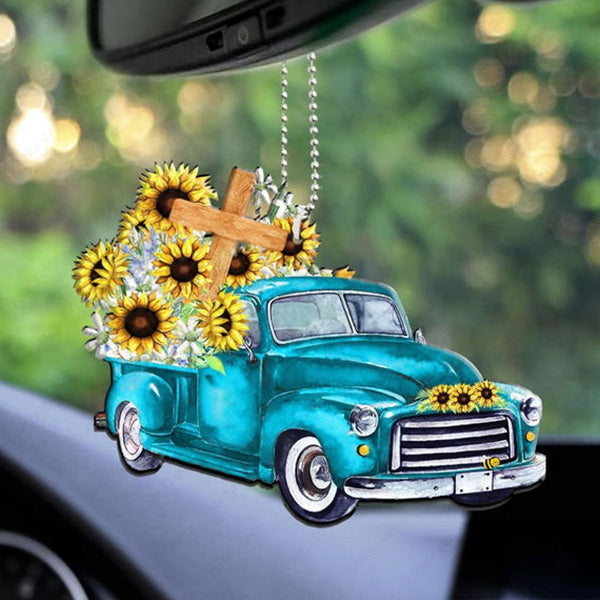 Sunflower Blue Truck Car Cross Acrylic Car Ornament, Perfect Christmas Gift For Family, Friends