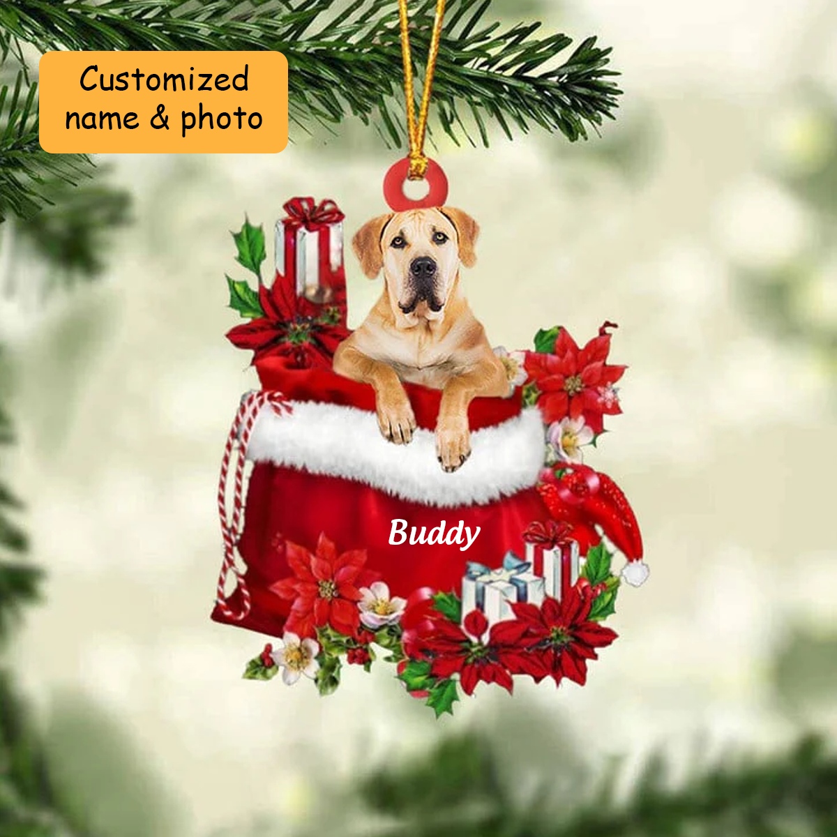 Customized Boerboel Dog In Red Gift Bag Acrylic Christmas Ornament, Christmas Gift For Dog Lovers, Dog Mom
