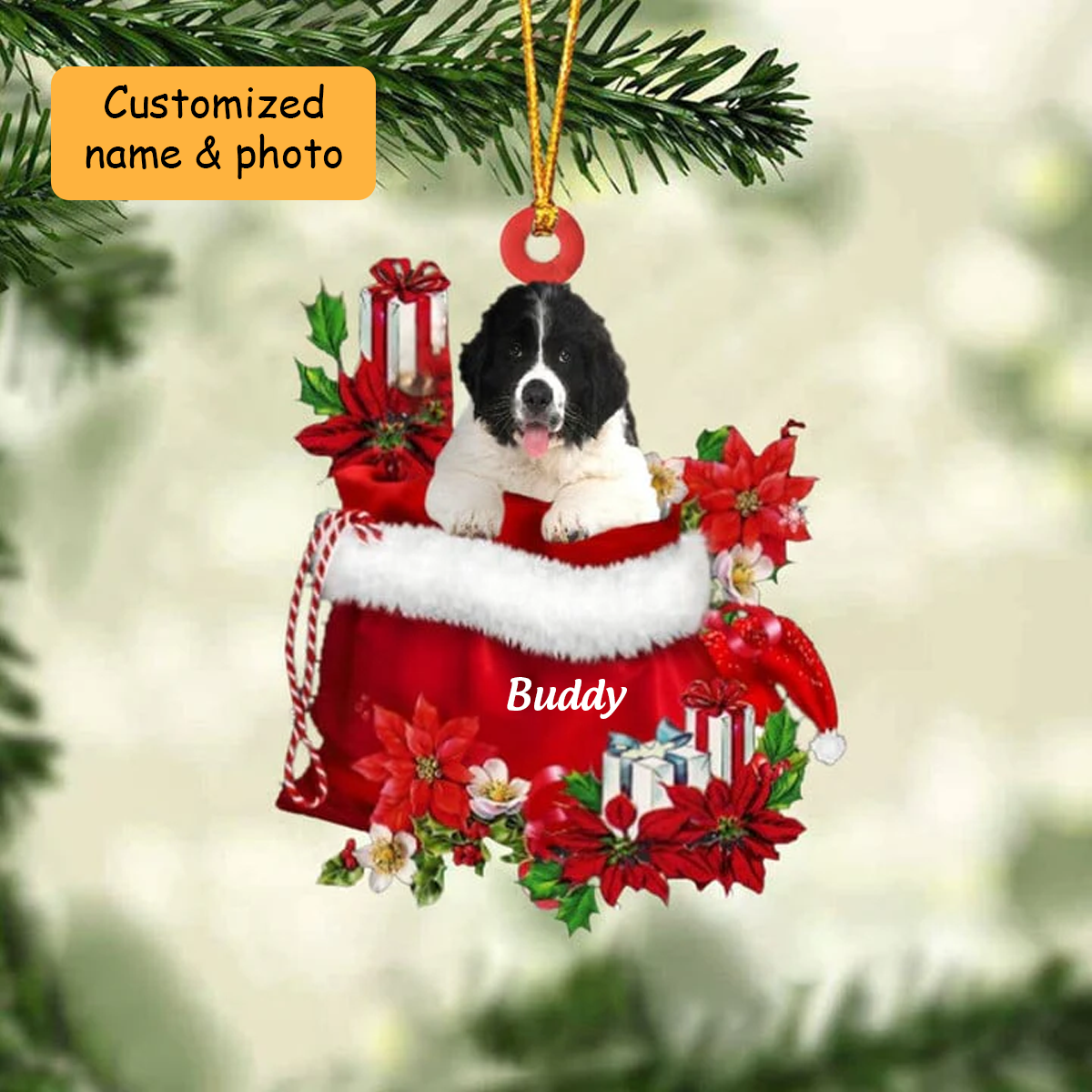 Customized Newfoundland Dog In Red Gift Bag Acrylic Ornament, Christmas Gift For Dog Lovers, Dog Mom