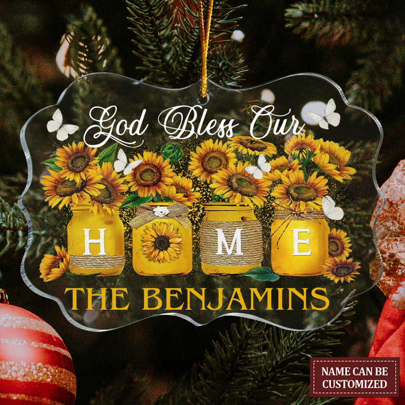 Custom Family's Name Sunflower Mason Jar God Blessed Our Home Acrylic Ornament, Christmas Gift For Family