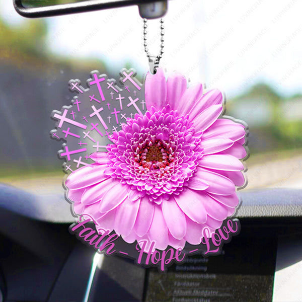 Pink Daisy Cross Faith Hope Love Acrylic Car Ornament, Perfect Christmas Gift For Family, Friends
