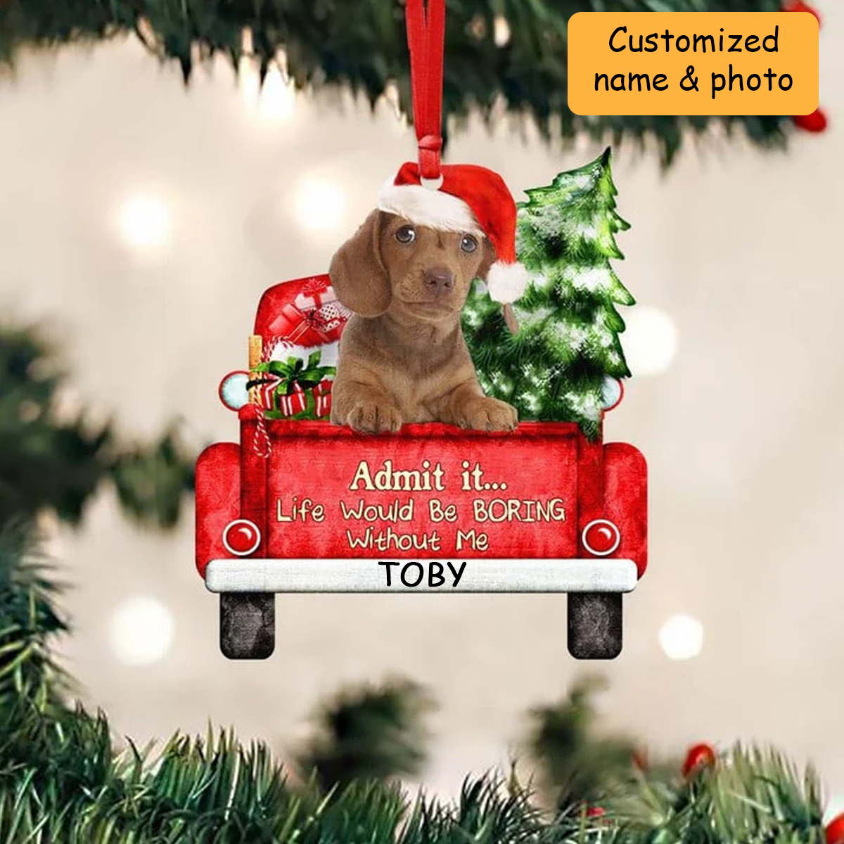 Customized Name Photo Dachshund On The Red Truck Acrylic Christmas Ornament, Christmas Gift For Dog Lovers, Dog Owners