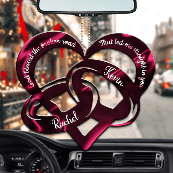 Heart Pink Couple Rings God Blessed Personalized Acrylic Car Ornament, Perfect Christmas Gift For Couple Wedding