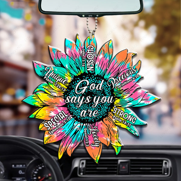 Turquoise Sunflower God Says You Are Acrylic Car Ornament, Perfect Christmas Gift For Family, Friends