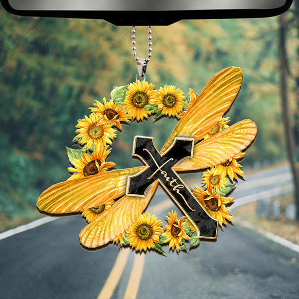 Sunflower Wreath Dragonfly Cross Faith Acrylic Car Ornament, Perfect Christmas Gift For Family, Friends