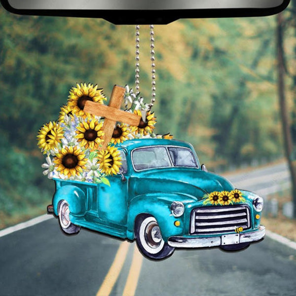 Sunflower Blue Truck Car Cross Acrylic Car Ornament, Perfect Christmas Gift For Family, Friends