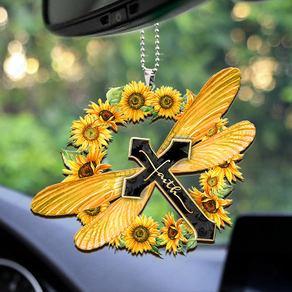 Sunflower Wreath Dragonfly Cross Faith Acrylic Car Ornament, Perfect Christmas Gift For Family, Friends