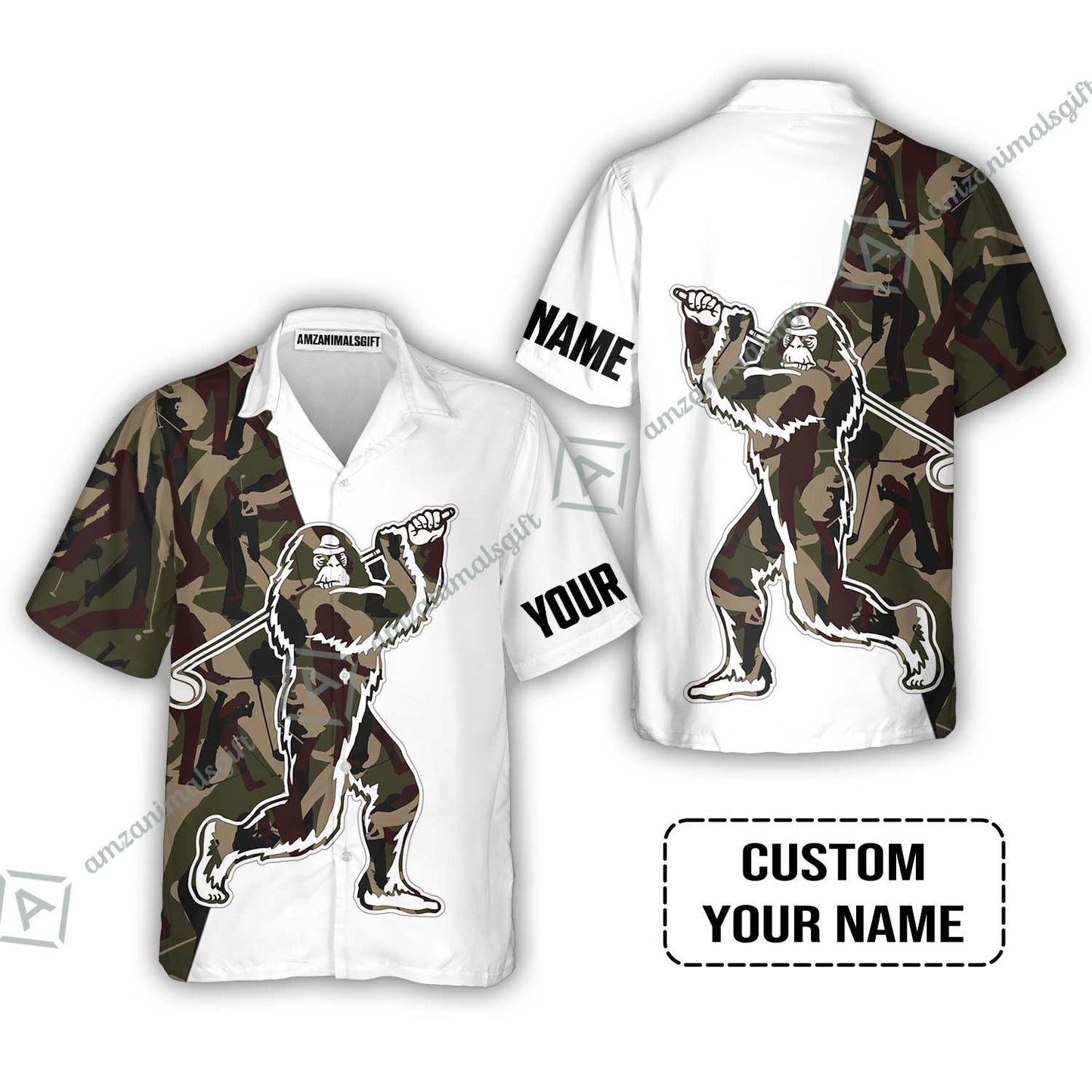 Custom Golf T-Shirt - Funny Bigfoot Golf T-Shirt, Camo Pattern Custom Name Sasquatch Playing Golf Apparel