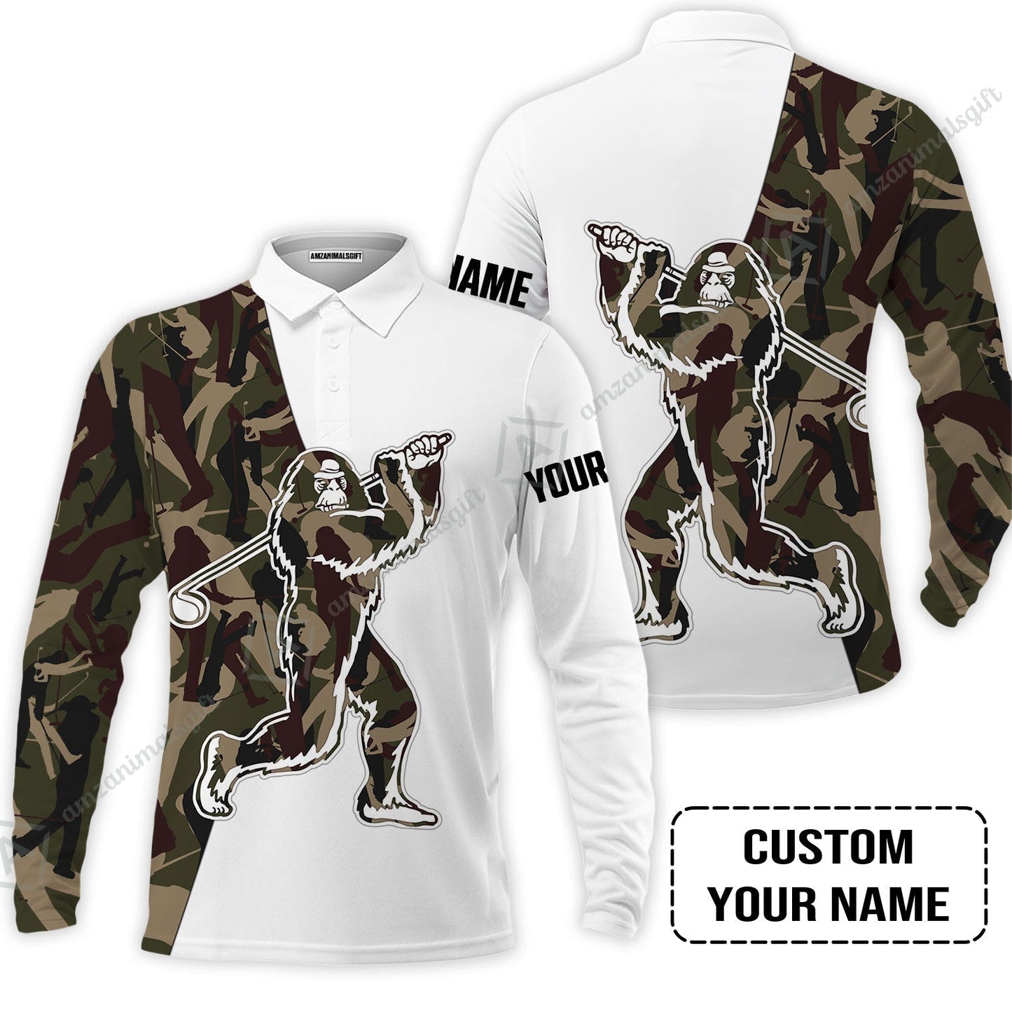 Custom Golf T-Shirt - Funny Bigfoot Golf T-Shirt, Camo Pattern Custom Name Sasquatch Playing Golf Apparel