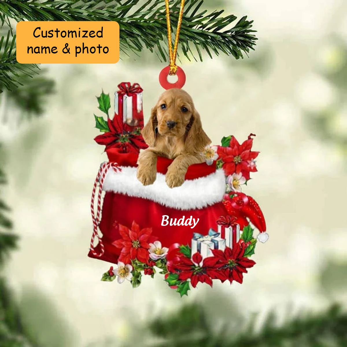 Customized English Cocker Spaniel Dog In Red Gift Bag Acrylic Ornament, Christmas Gift For Dog Lovers, Dog Mom