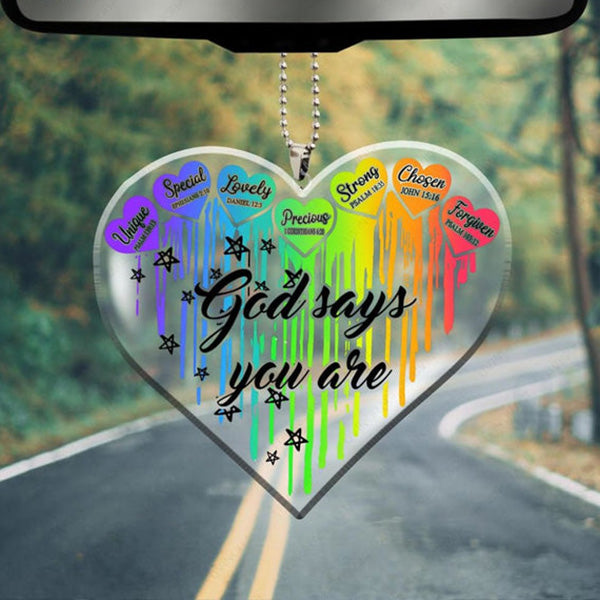 Rainbow Heart God Says You Are Acrylic Car Ornament, Perfect Christmas Gift For Family, Friends