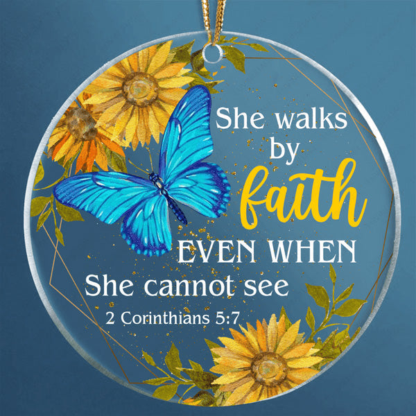 Sunflower Blue Butterfly Walk By Faith Acrylic Ornament, Perfect Christmas Gift For Family, Friends, Holiday Decor
