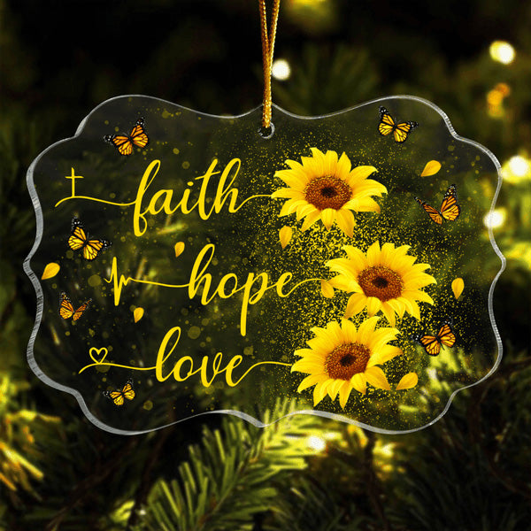 Sunflower Butterfly Faith Hope Love Acrylic Ornament, Christmas Gift For Family, Friends, Holiday Decor