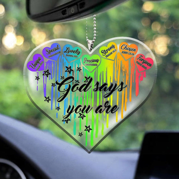Rainbow Heart God Says You Are Acrylic Car Ornament, Perfect Christmas Gift For Family, Friends