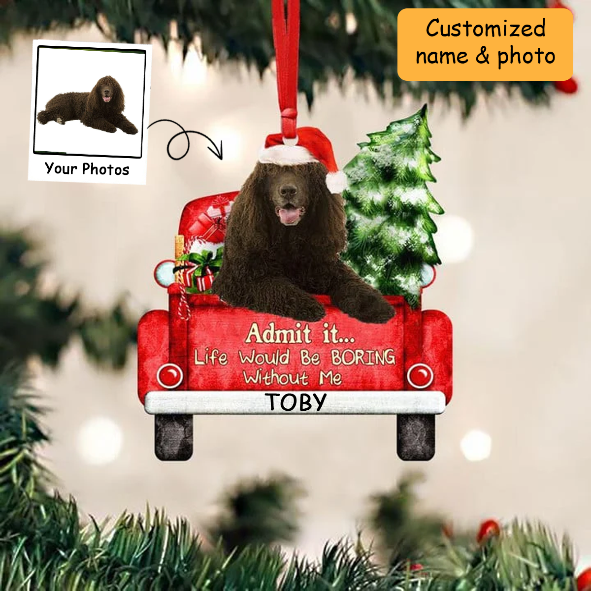 Customized Irish Water Spaniel On The Red Truck Acrylic Christmas Ornament, Christmas Gift For Dog Lovers, Dog Owners