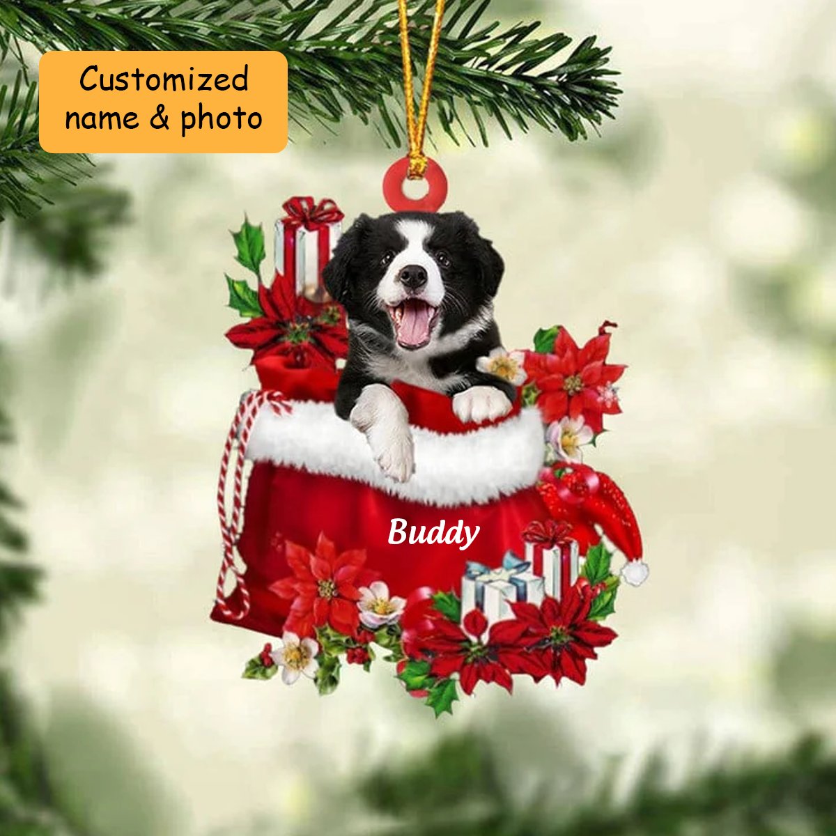 Customized Border Collie Dog In Red Gift Bag Acrylic Ornament, Christmas Gift For Dog Lovers, Dog Mom