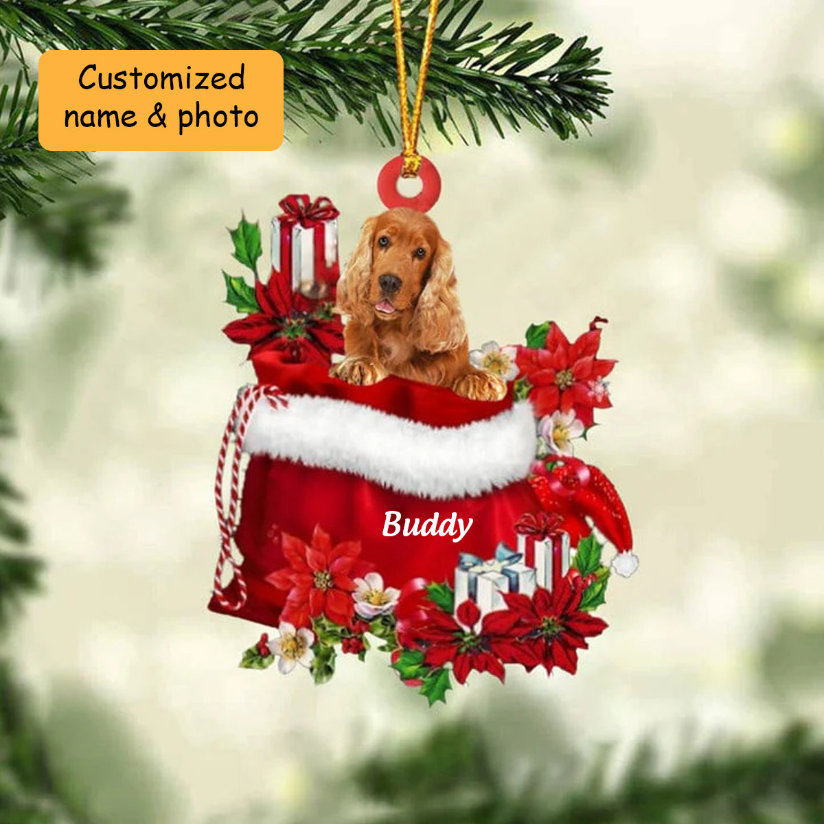 Customized Cocker Spaniel Dog In Red Gift Bag Acrylic Ornament, Christmas Gift For Dog Lovers, Dog Mom