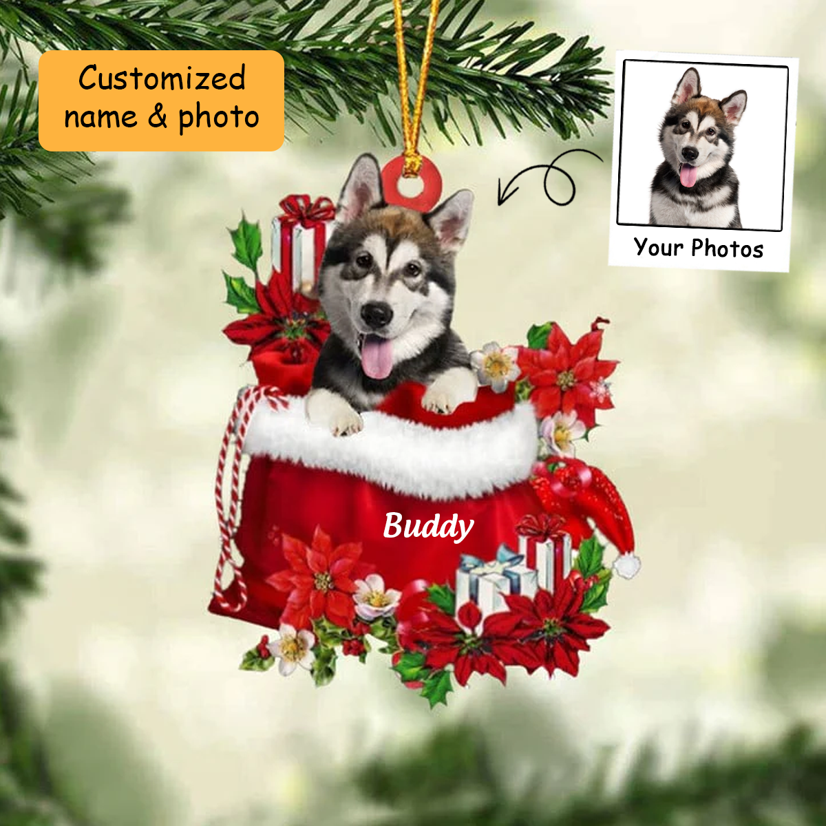 Customized Alaskan Malamute Dog In Red Gift Bag Acrylic Ornament, Christmas Gift For Dog Lovers, Dog Mom