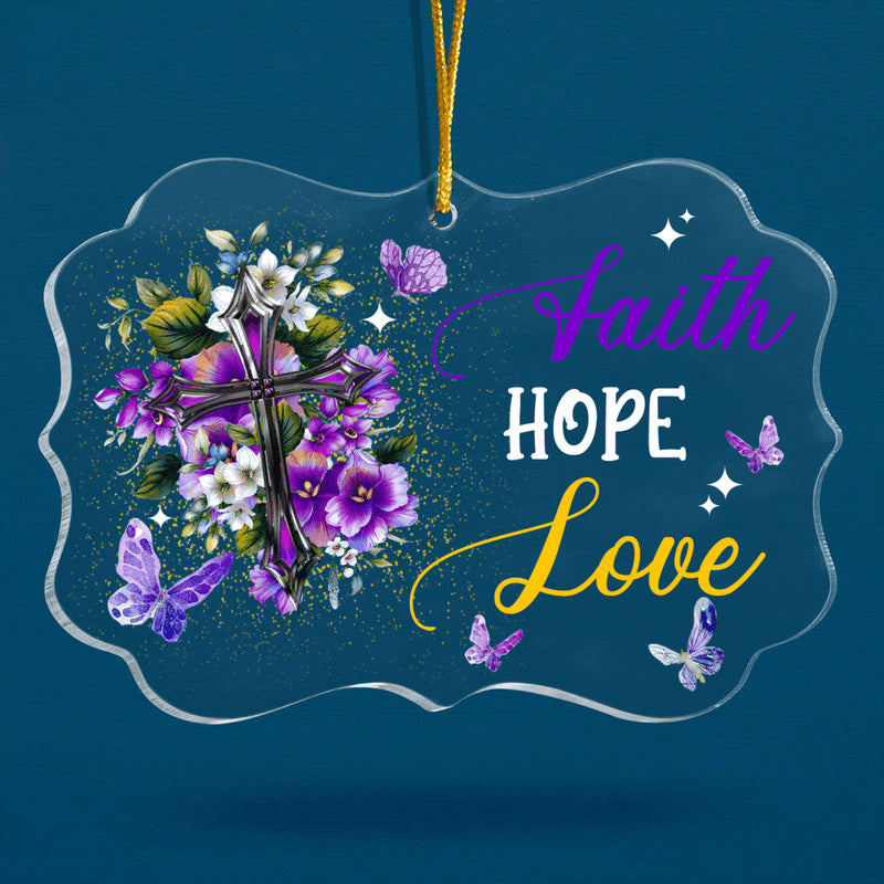 Purple Flower Cross Butterfly Faith Hope Love Acrylic Ornament, Christmas Gift For Family, Friends, Holiday Decor
