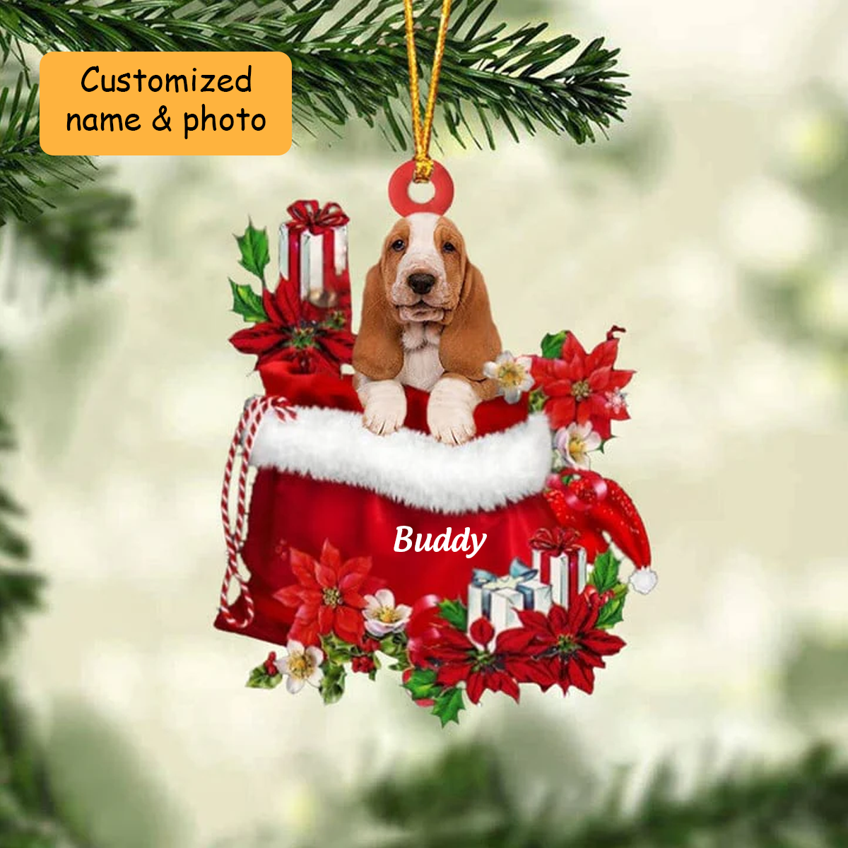 Customized Basset Hound Dog In Red Gift Bag Acrylic Ornament, Christmas Gift For Dog Lovers, Dog Mom